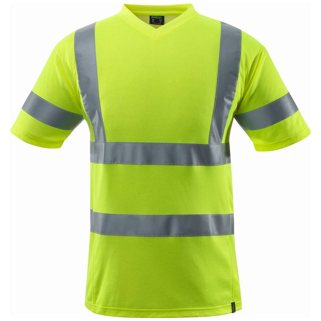 Neongelbes Hochsichtbarkeitstshirt mit kurzen Ärmeln und grauen reflektierenden Streifen auf weißem Hintergrund.