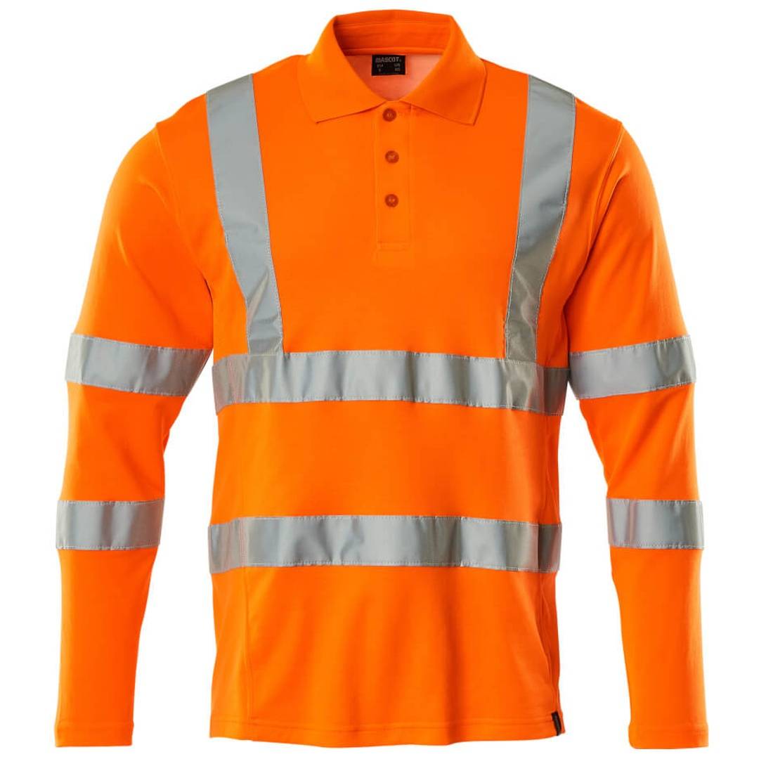 Oranges Langarm-Poloshirt mit hoher Sichtbarkeit und reflektierenden silbernen Bändern auf der Brust, den Ärmeln und dem Rücken, vor weißem Hintergrund gezeigt.