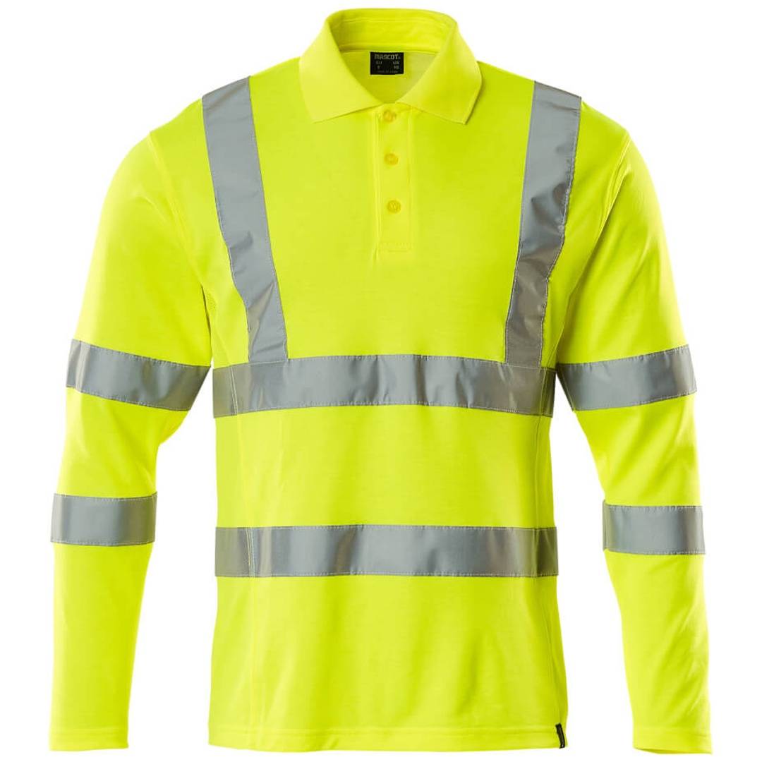 Langärmeliges Poloshirt in Hochsichtbarkeits-Neongelb mit grauen Reflexionsstreifen auf Brust, Schultern und Ärmeln.