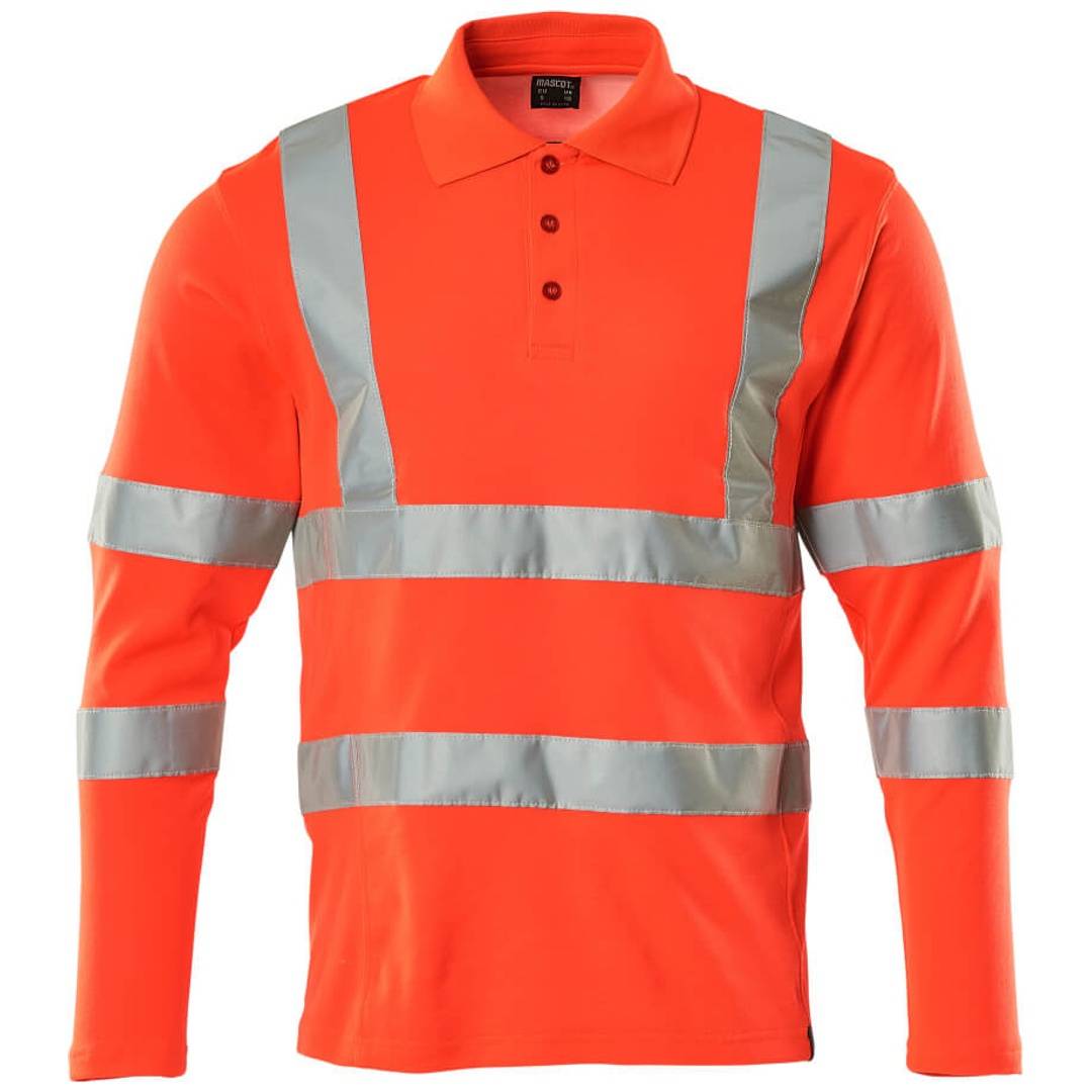 Leuchtend oranges Langarm-Poloshirt mit reflektierenden silbernen Sicherheitsstreifen auf der Brust, den Ärmeln und der Taille.