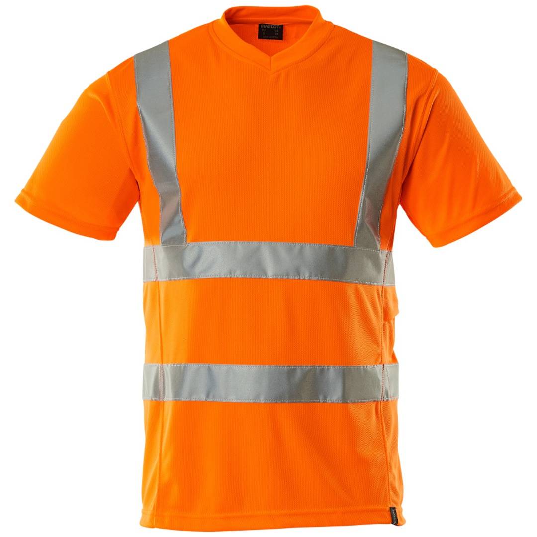 Orange Hochsichtbarkeitssicherheitshemd mit kurzen Ärmeln und reflektierenden silbernen Streifen, Vorderansicht auf weißem Hintergrund dargestellt.