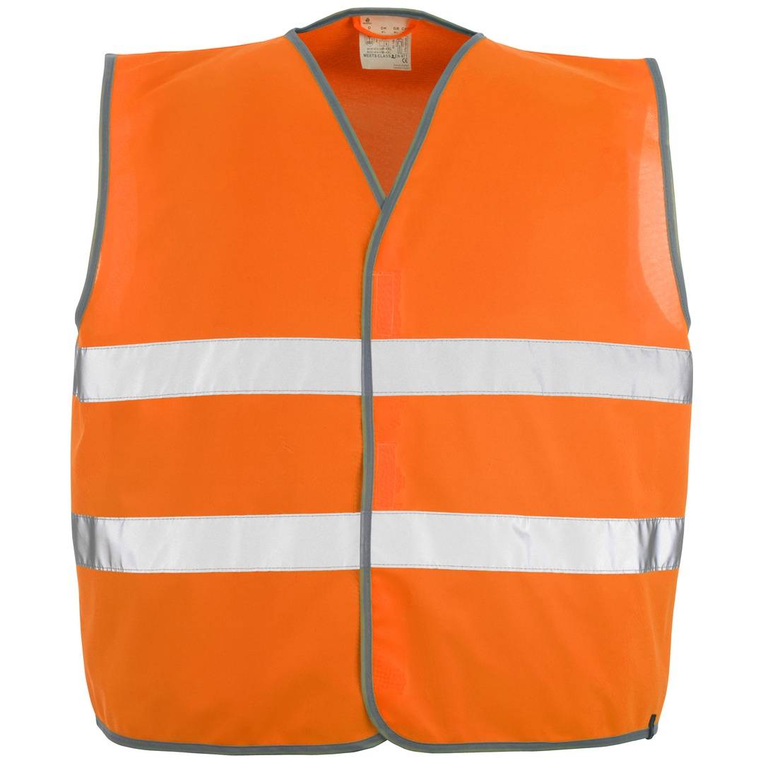 Orange Warnweste mit zwei reflektierenden silbernen Streifen und grauem Saum, frontal auf weißem Hintergrund abgebildet.
