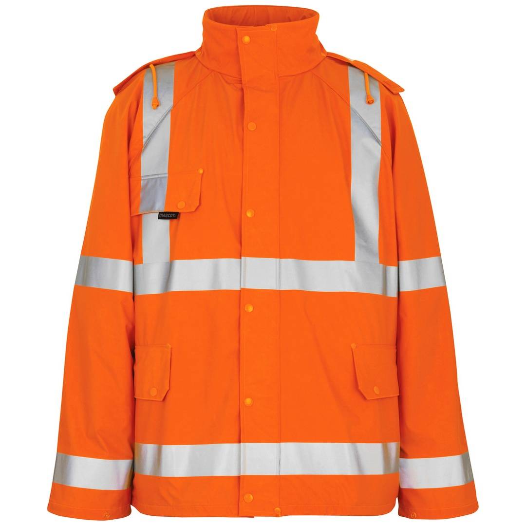 Leuchtend orangefarbene Arbeitsschutzjacke mit silbernen Reflexionsstreifen und hohem Kragen, Vorderansicht auf weißem Hintergrund dargestellt.