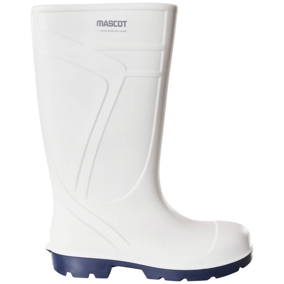 Weißer knöchelhoher Gummi-Arbeitsstiefel mit dunkelblauer Sohle, gezeigt auf einem neutralen Hintergrund.