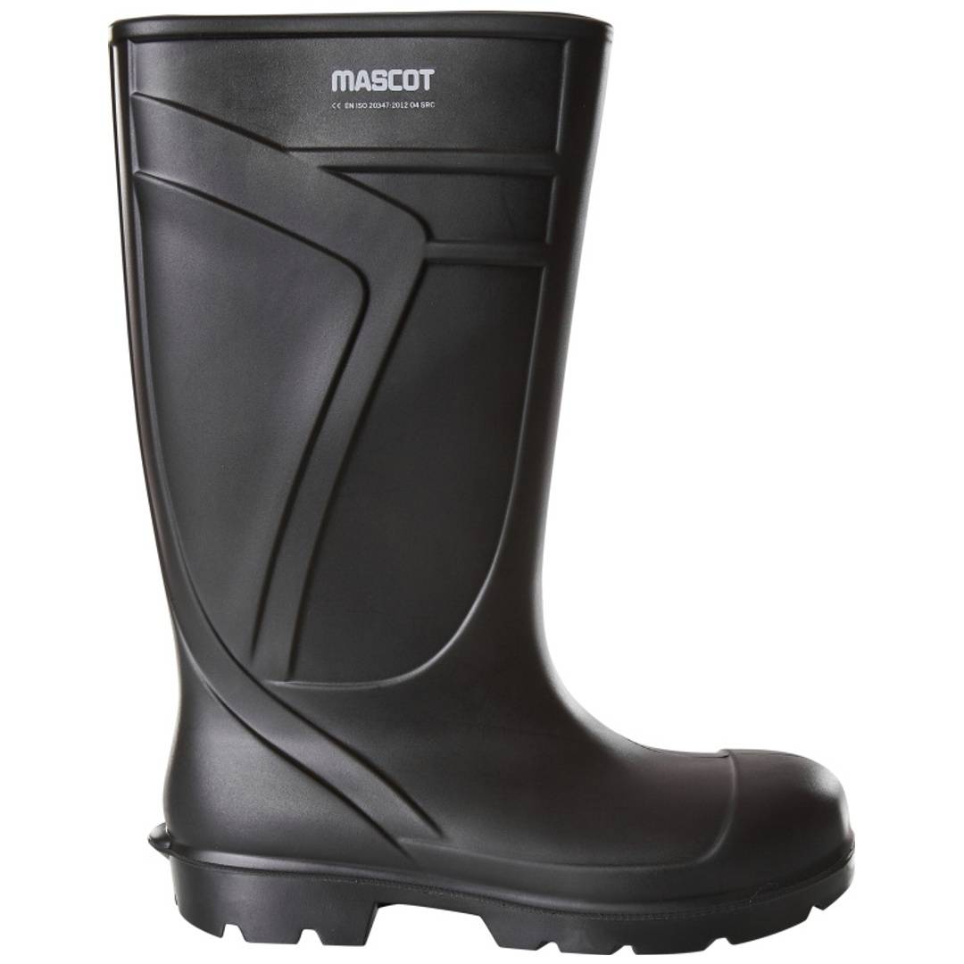 Schwarzer Mascot-Gummiarbeitsstiefel in Seitenansicht auf weißem Hintergrund.