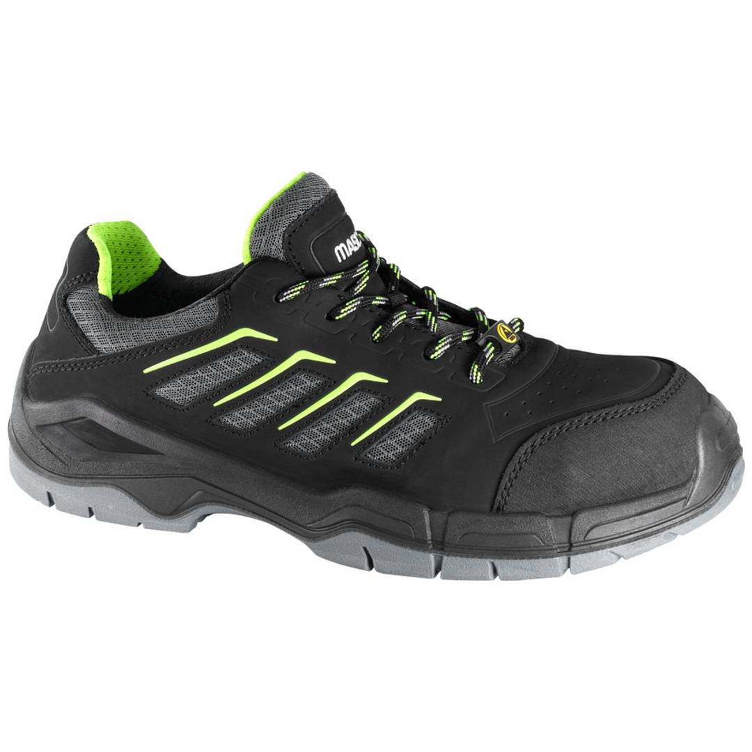 Schwarzer niedriger Sicherheitsarbeitenschuh mit neongrünen Akzenten und verstärkter Zehenkappe, dargestellt auf einem einfachen weißen Hintergrund.