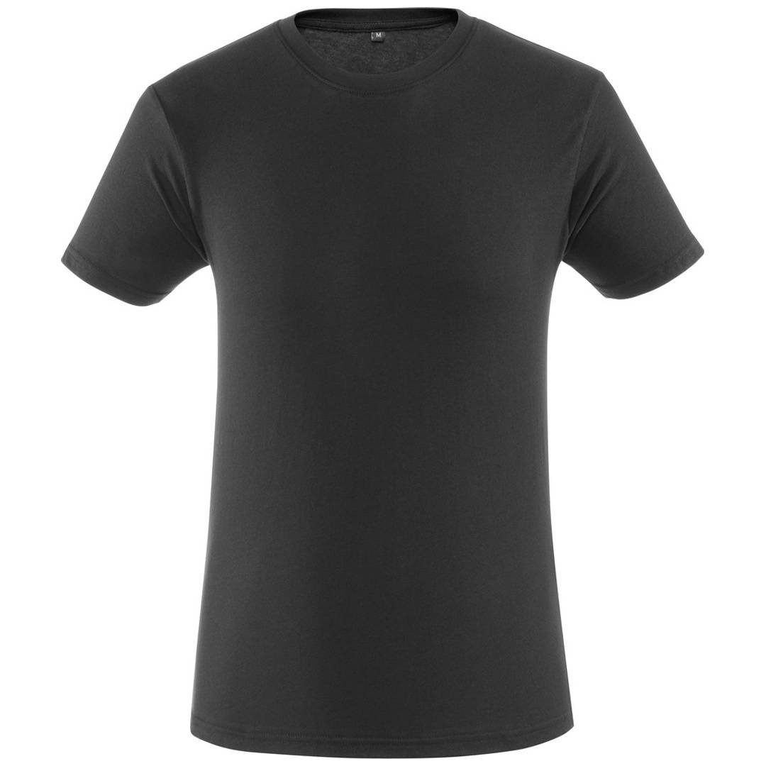 Schwarzes kurzärmeliges Rundhals-T-Shirt, Vorderansicht auf weißem Hintergrund dargestellt.