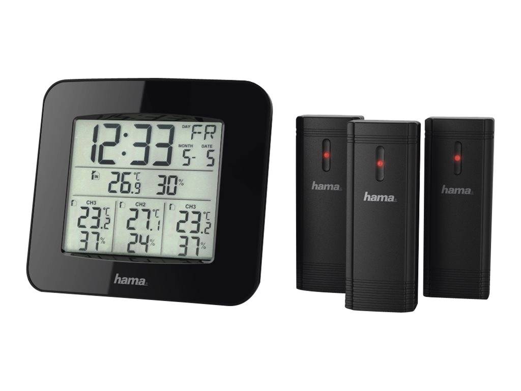 Digitale Wetterstation mit LCD-Uhr, die Uhrzeit, Datum, Innentemperatur und Luftfeuchtigkeit anzeigt, sowie drei kabellose Sensoreinheiten.