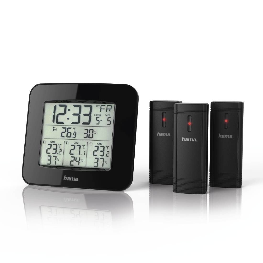 Digitale Wetterstation mit Anzeige 12:33, Temperatur, Luftfeuchtigkeit und drei drahtlose Sensoreinheiten mit der Bezeichnung hama.
