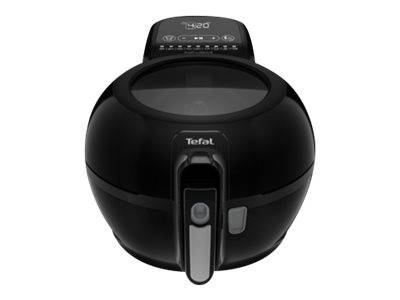 Schwarze Tefal-Heißluftfritteuse mit digitalen Bedienfeld und Frontgriff, dargestellt auf weißem Hintergrund.