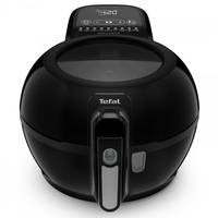 Schwarze Tefal-Heißluftfritteuse mit digitalen Steuerelementen oben und einem Griff an der Vorderseite, abgebildet vor weißem Hintergrund.