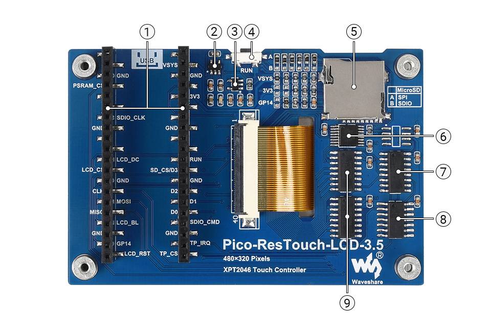 WaveShare 3.5inch Touch Display Module for Raspberry Pi Pico, 65K Colors, 480×320, SPI