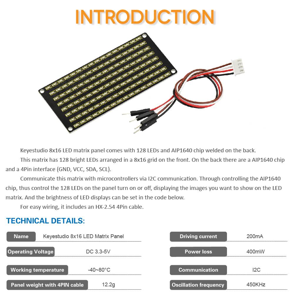 Keyestudio 8x16 LED Dot Matrix Board for Arduino with PH2.54 Connector