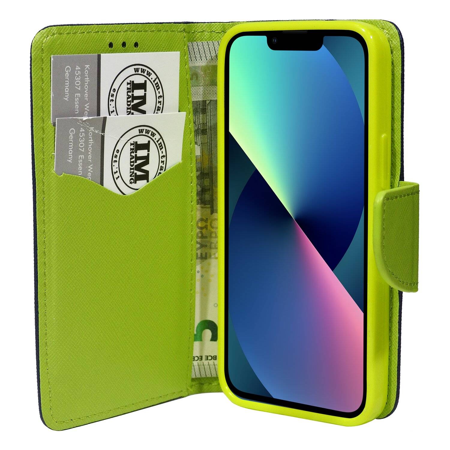 Buch Tasche "Fancy" für iPhone 13 Handy Hülle Etui Brieftasche Schutzhülle mit Standfunktion, Kartenfach Blau-Grün