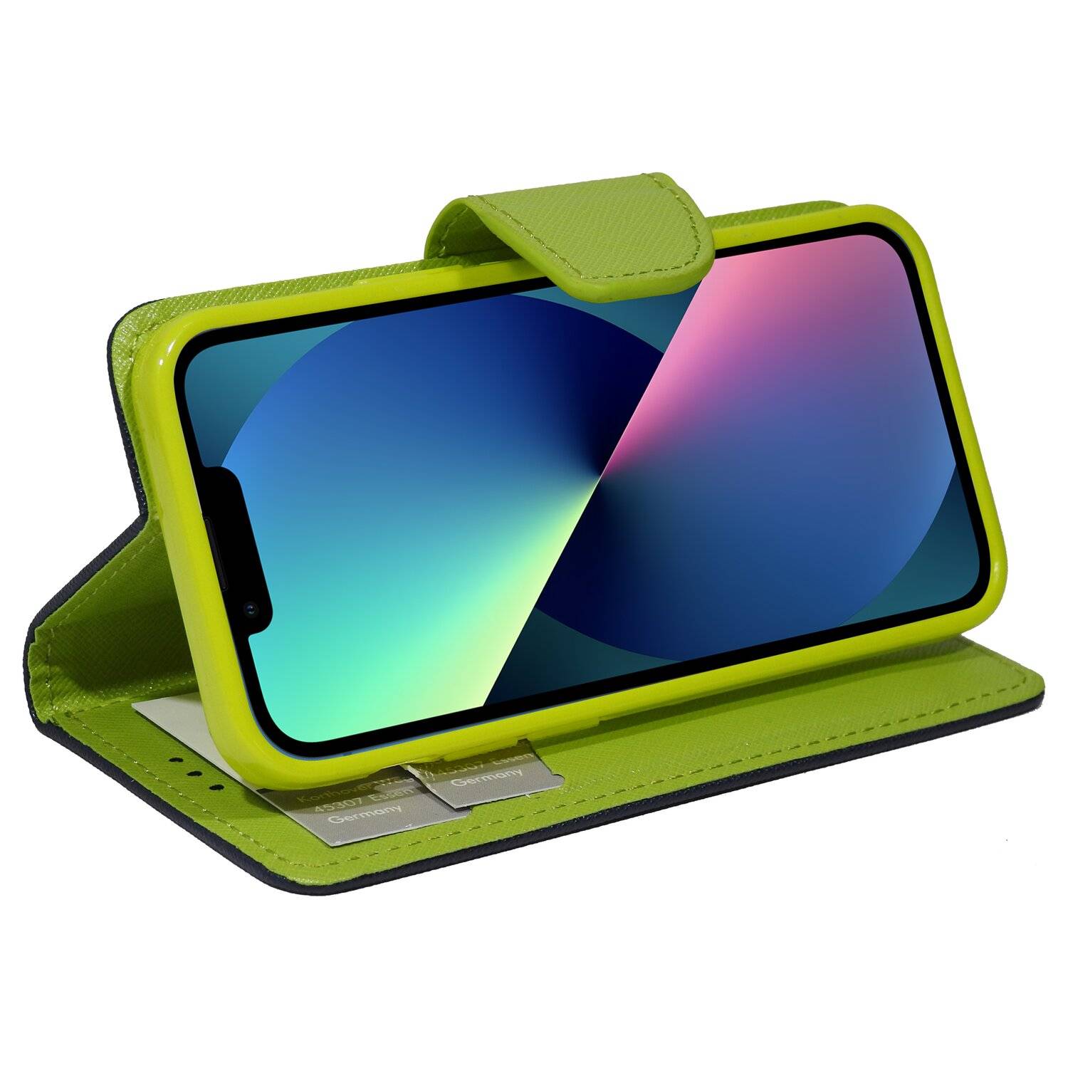 Buch Tasche "Fancy" für iPhone 13 Handy Hülle Etui Brieftasche Schutzhülle mit Standfunktion, Kartenfach Blau-Grün
