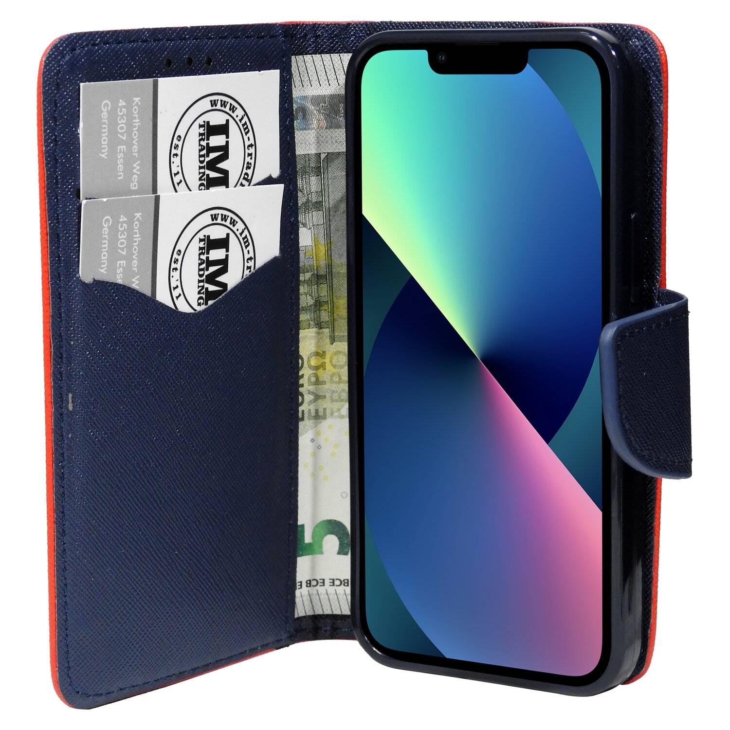Buch Tasche "Fancy" für iPhone 13 Handy Hülle Etui Brieftasche Schutzhülle mit Standfunktion, Kartenfach Rot-Blau