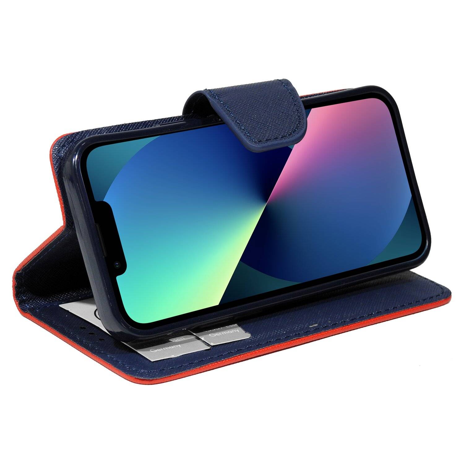 Buch Tasche "Fancy" für iPhone 13 Handy Hülle Etui Brieftasche Schutzhülle mit Standfunktion, Kartenfach Rot-Blau