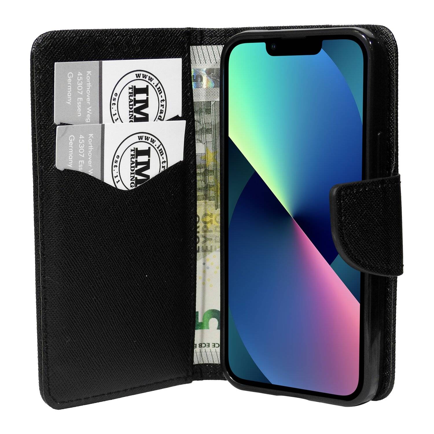 Buch Tasche "Fancy" für iPhone 13 Mini Handy Hülle Etui Brieftasche Schutzhülle mit Standfunktion, Kartenfach Schwarz