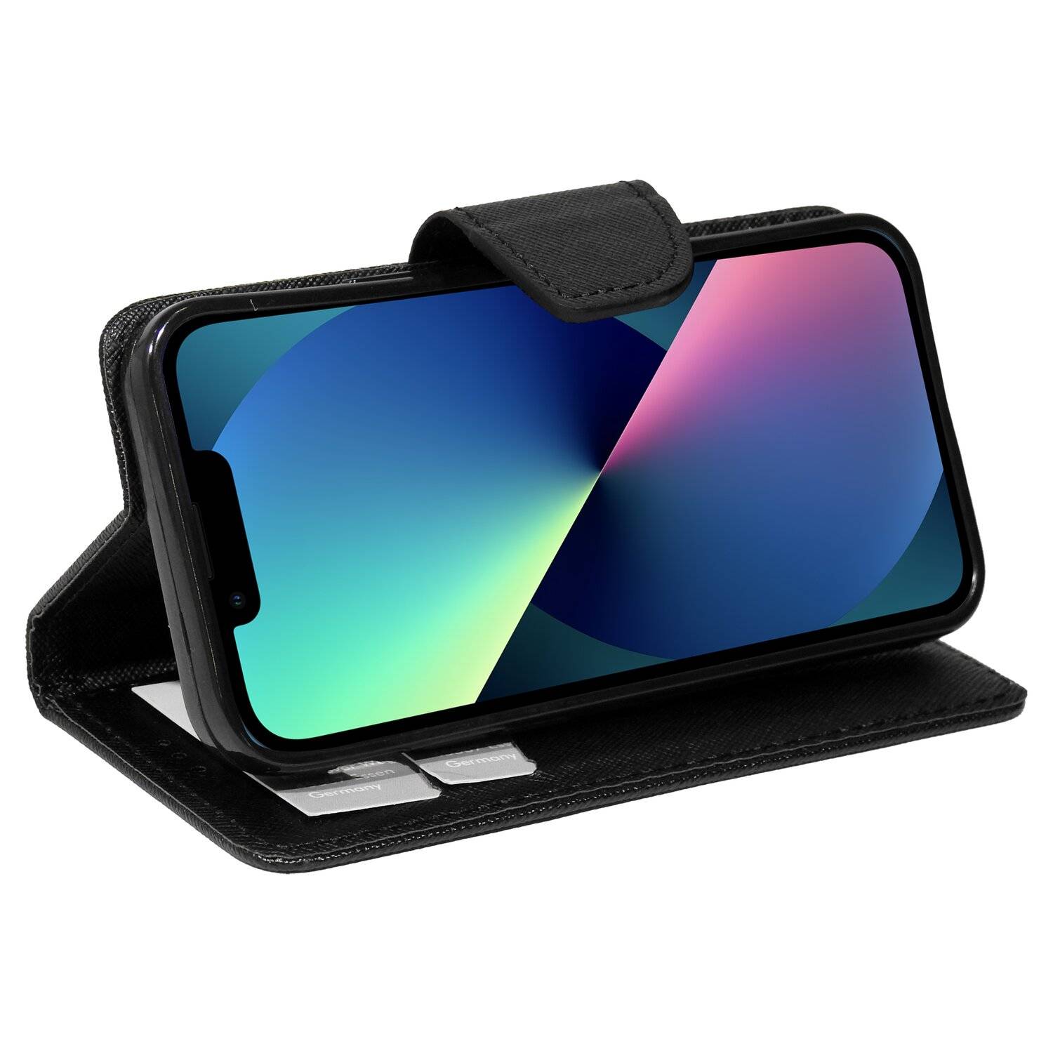 Buch Tasche "Fancy" für iPhone 13 Mini Handy Hülle Etui Brieftasche Schutzhülle mit Standfunktion, Kartenfach Schwarz