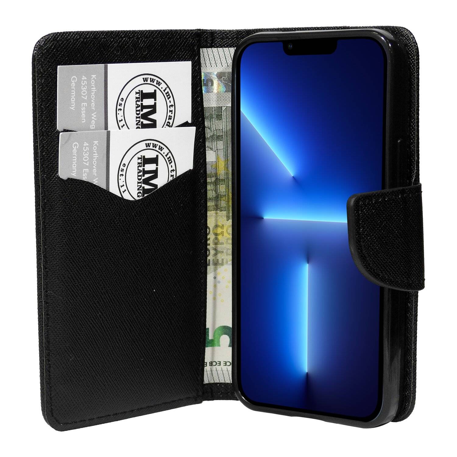 Buch Tasche "Fancy" für iPhone 13 Pro Handy Hülle Etui Brieftasche Schutzhülle mit Standfunktion, Kartenfach Schwarz