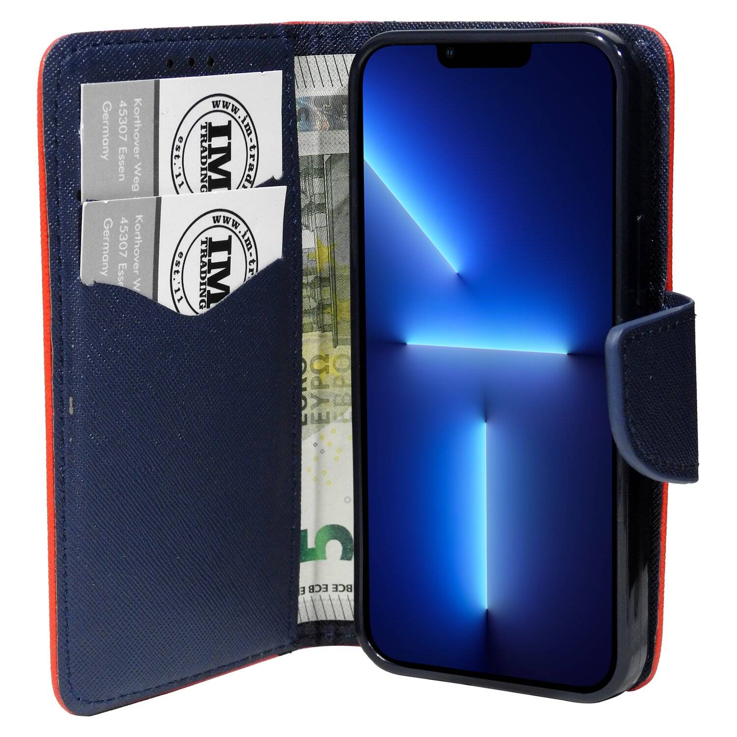Buch Tasche "Fancy" für iPhone 13 Pro Handy Hülle Etui Brieftasche Schutzhülle mit Standfunktion, Kartenfach Rot-Blau