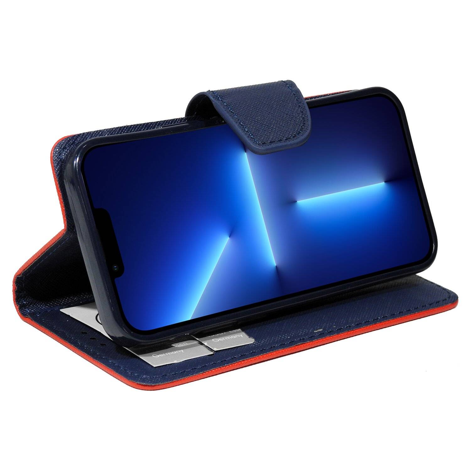 Buch Tasche "Fancy" für iPhone 13 Pro Handy Hülle Etui Brieftasche Schutzhülle mit Standfunktion, Kartenfach Rot-Blau