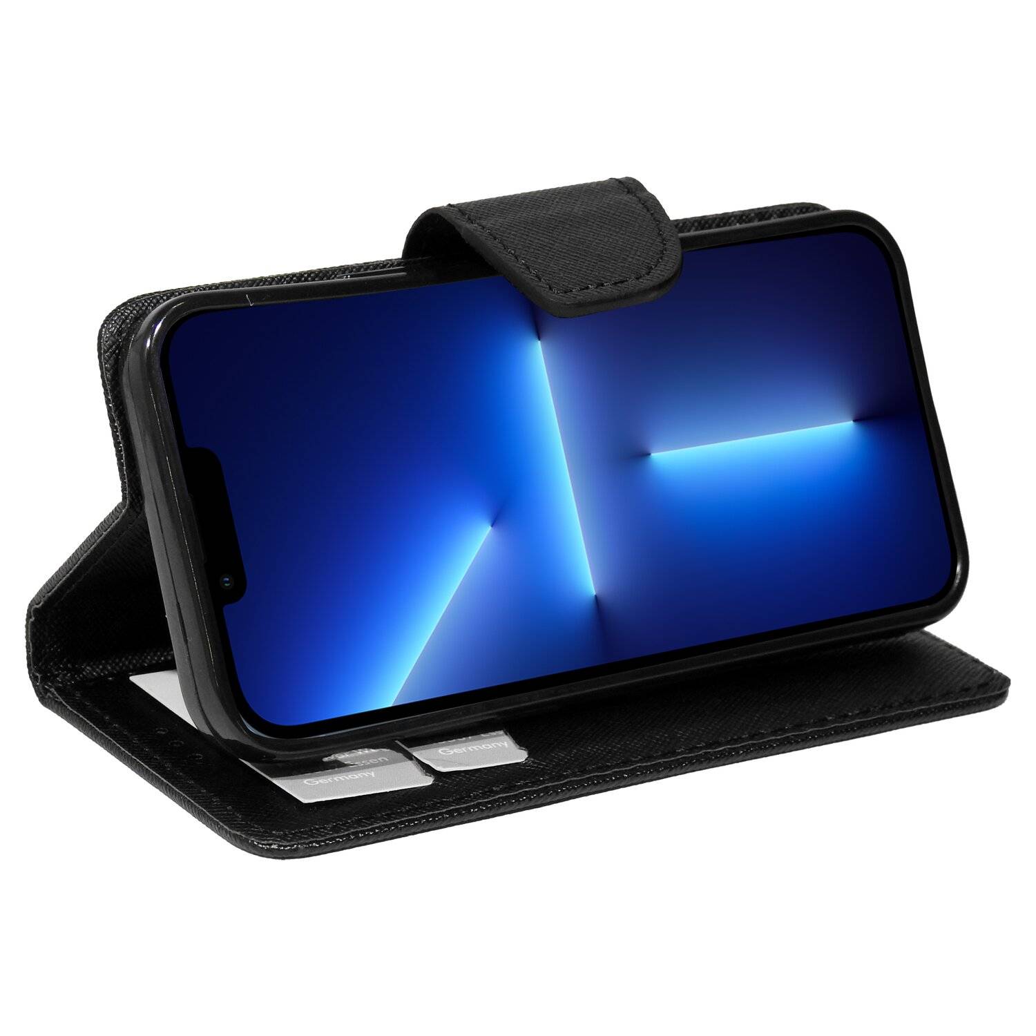 Buch Tasche "Fancy" für iPhone 13 Pro Max Handy Hülle Etui Brieftasche Schutzhülle mit Standfunktion, Kartenfach Schwarz