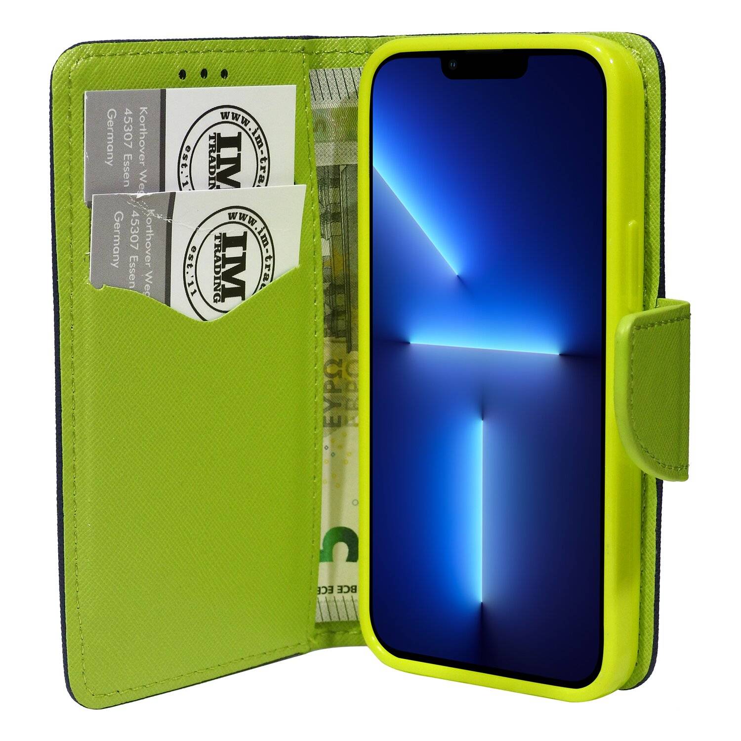 Buch Tasche "Fancy" für iPhone 13 Pro Max Handy Hülle Brieftasche Schutzhülle mit Standfunktion, Kartenfach Blau-Grün