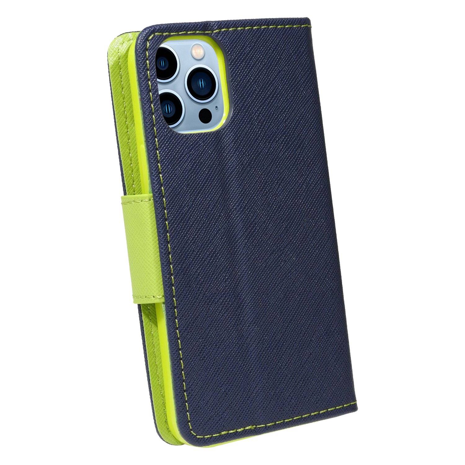 Buch Tasche "Fancy" für iPhone 13 Pro Max Handy Hülle Brieftasche Schutzhülle mit Standfunktion, Kartenfach Blau-Grün