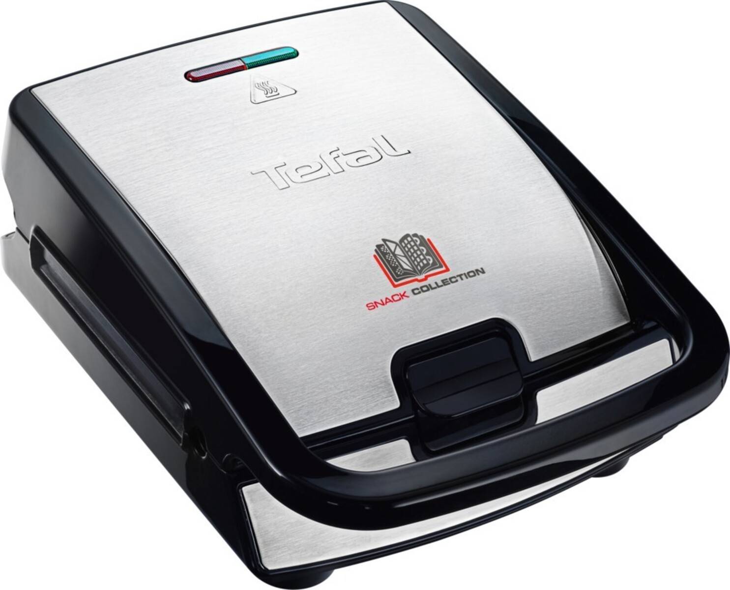 Geschlossener silberner Tefal Snack Collection Sandwich- und Waffeleisen mit schwarzem Rand, von oben auf weißem Hintergrund gezeigt.