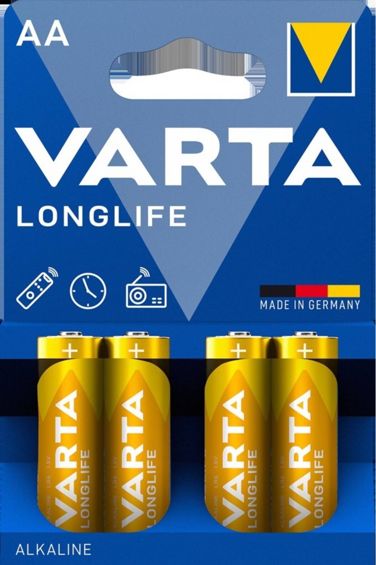 Packung mit vier VARTA Longlife AA Alkali-Batterien, blau-goldene Verpackung, beschriftet Made in Germany.