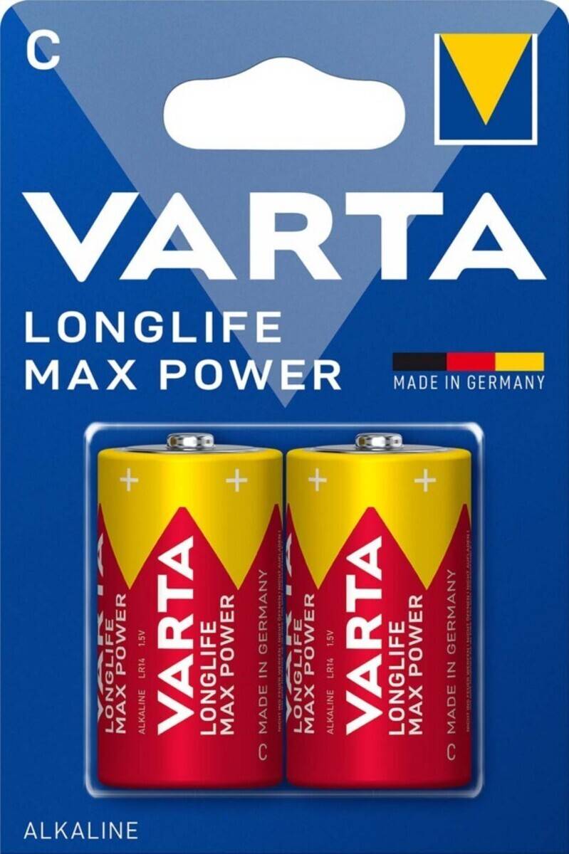 Packung mit Varta Longlife Max Power Batterien, mit dem Aufdruck ‚Made in Germany', zwei AA-Batterien werden gezeigt.