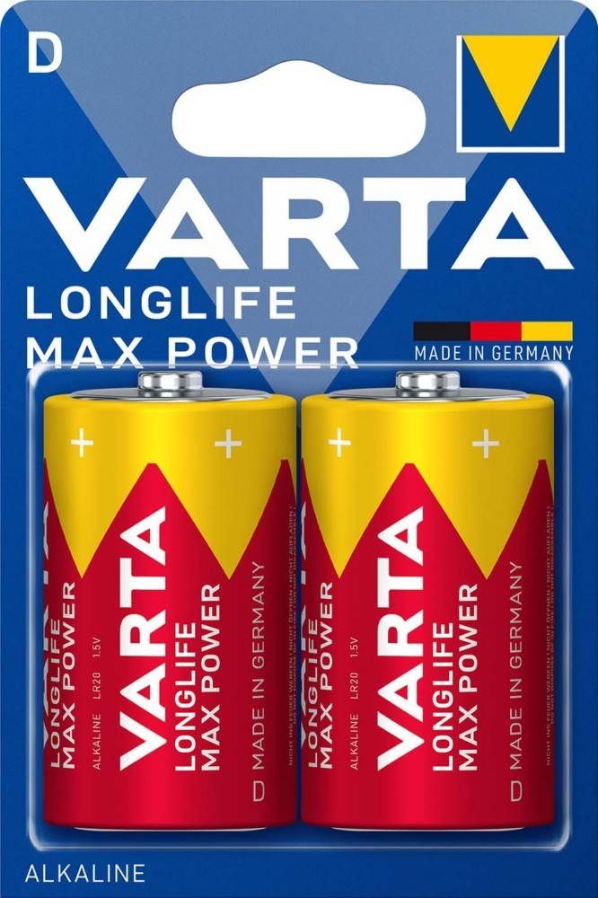 Verpackung der 'Varta Longlife Max Power' Batterien mit zwei AA-Alkalibatterien, mit der Aufschrift 'Made in Germany' in einer blauen Packung.