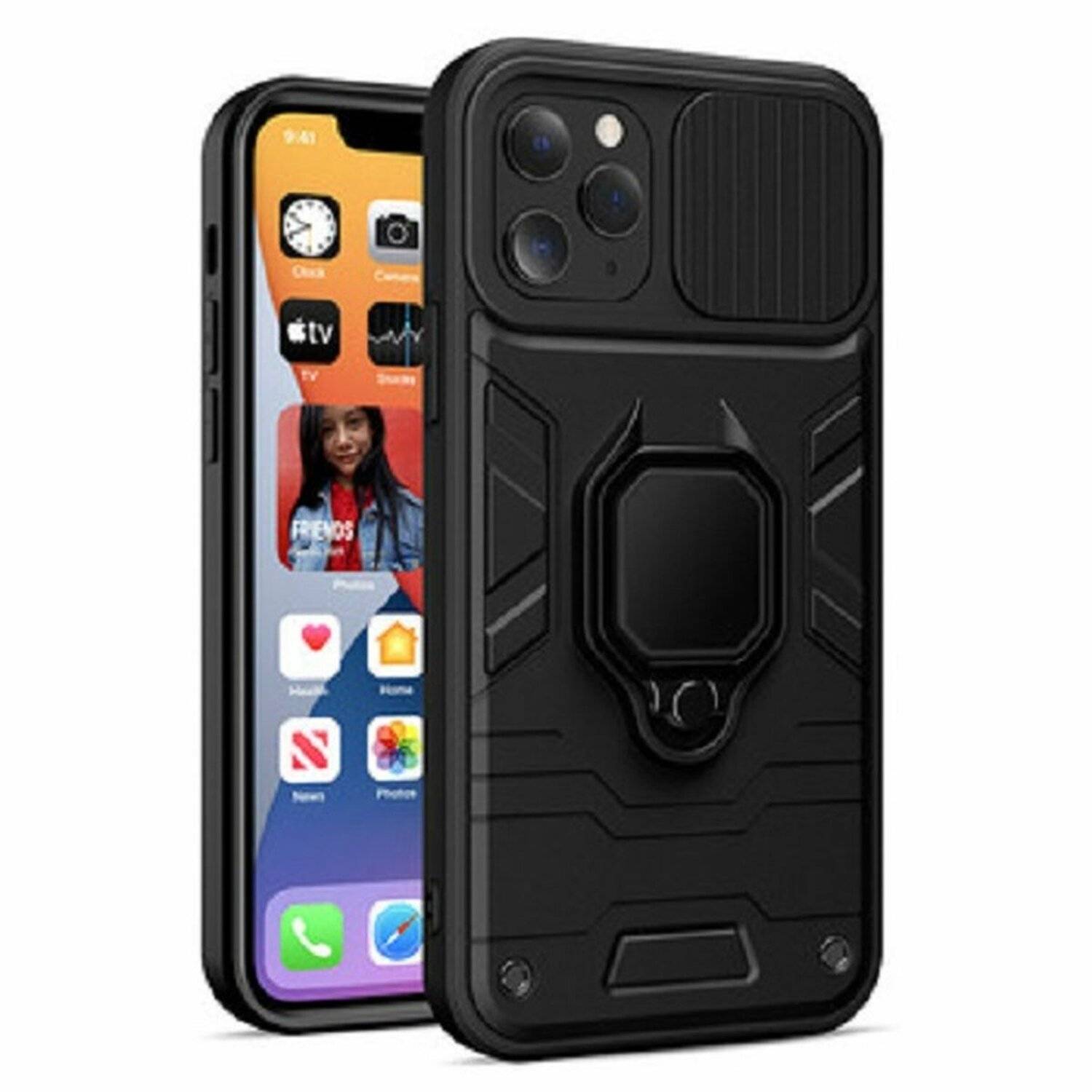 Handy Hülle mit Kameraschutz Schutzhülle Stoßfest Outdoor mit Ring Magnet Halter für Samsung Galaxy A72 (A725F) schwarz