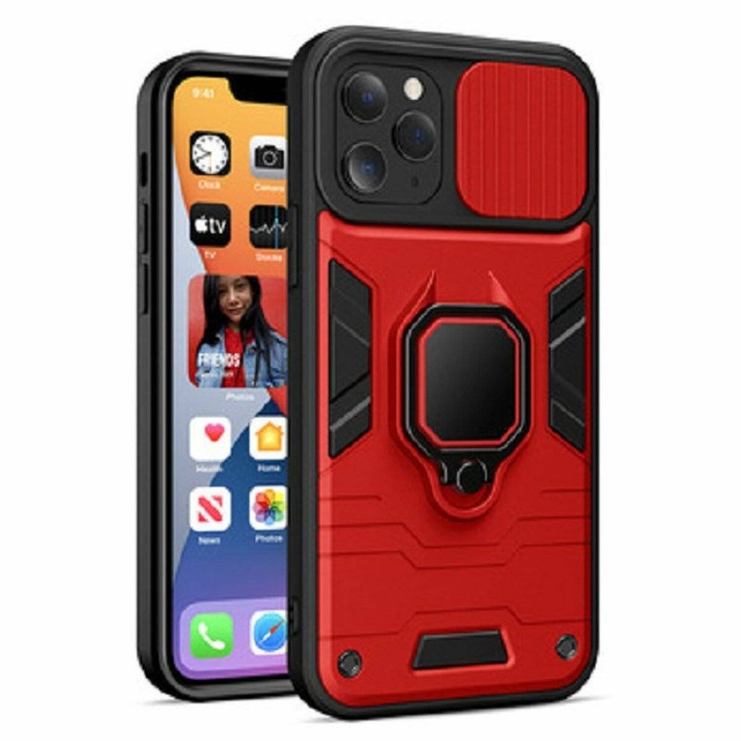 Handy Hülle mit Kameraschutz Schutzhülle Stoßfest Outdoor mit Ring Magnet Halter für Samsung Galaxy A32 4G (A325F) rot
