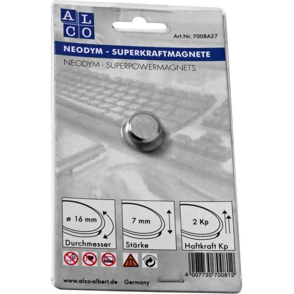 Superkraftmagnet Neodym Neodym (Nd) 16mm TG 2000 g silber gebürstet