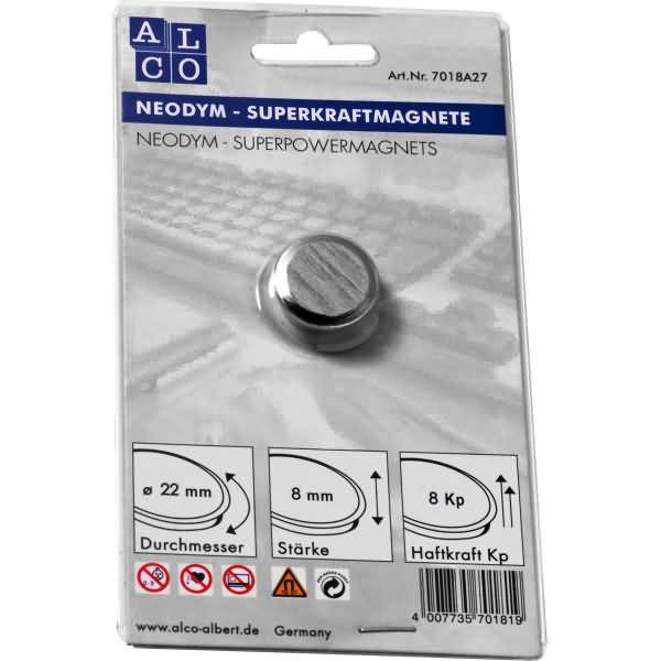 Superkraftmagnet Neodym Neodym (Nd) 22mm TG 8000 g silber gebürstet