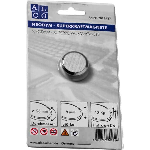 Superkraftmagnet Neodym Neodym (Nd) 25mm TG 13000 g silber gebürstet