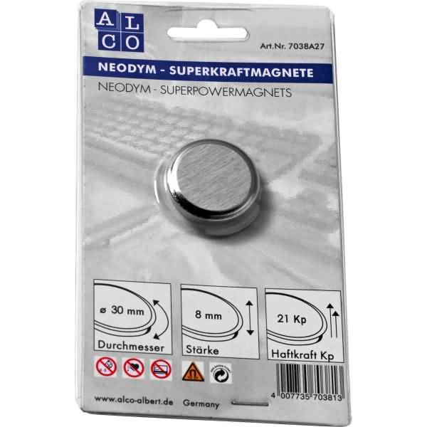 Superkraftmagnet Neodym Neodym (Nd) 30mm TG 21000 g silber gebürstet