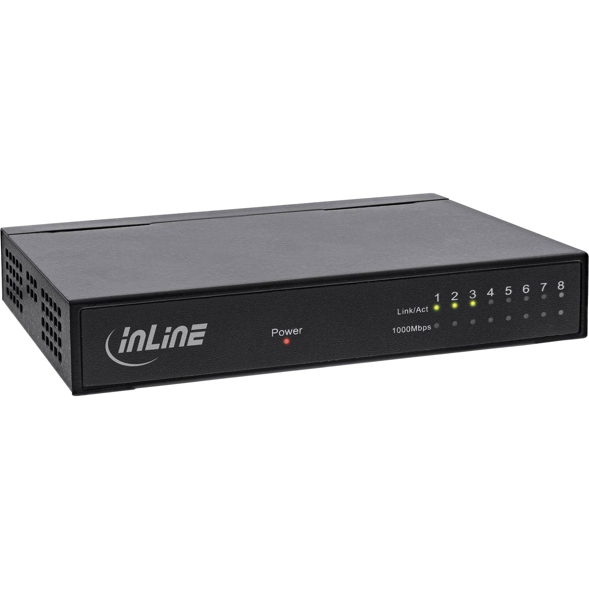 Schwarzer Inline-Ethernet-Netzwerk-Switch mit Stromversorgungs- und Link-/Aktivitätsanzeigeleuchten sowie nummerierten Anschlüssen 1-8 auf der Frontblende.