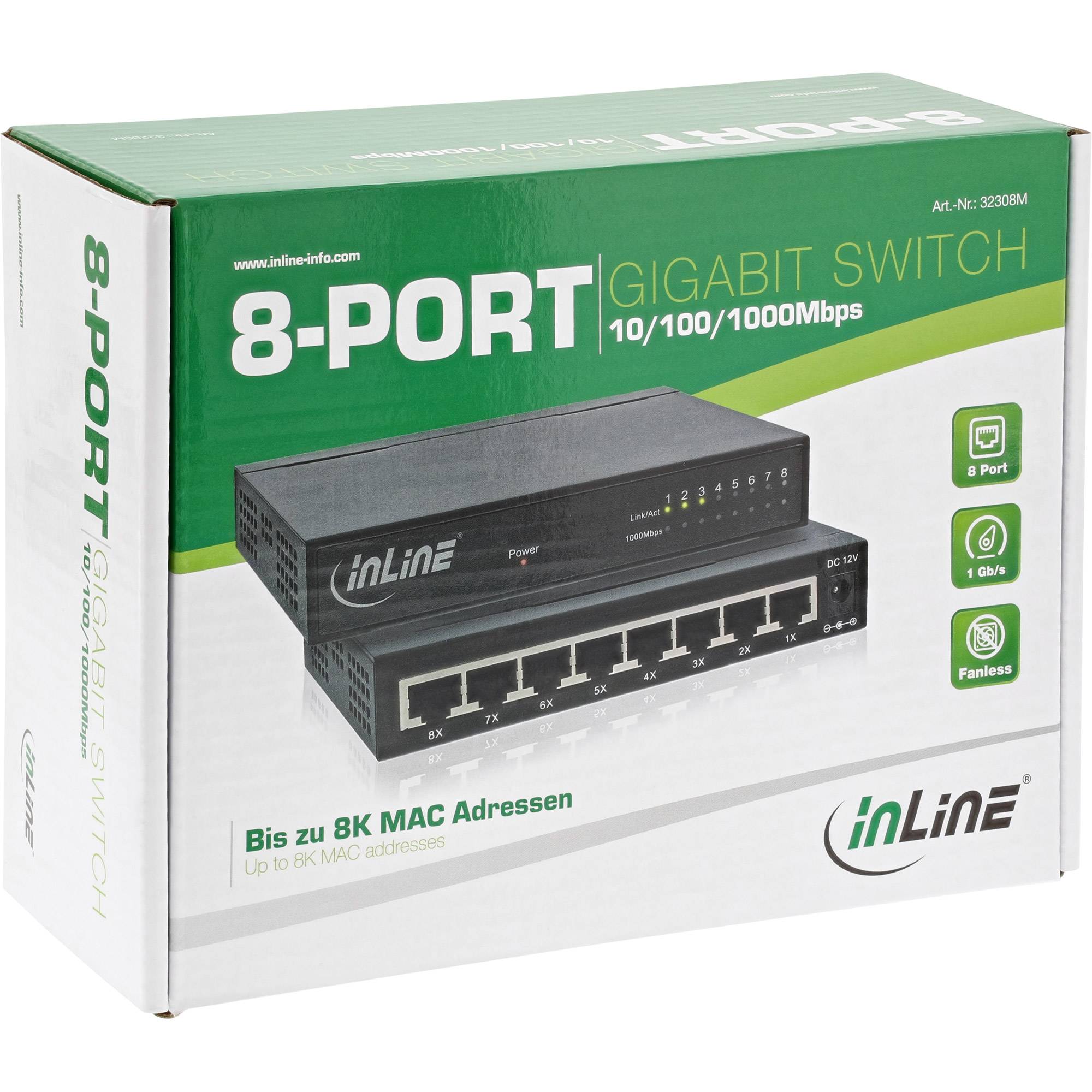 INLINE - Gigabit Switch 8x - 10/100/1000 - Desktop - Metall - lüfterlos - gesch. Ports
