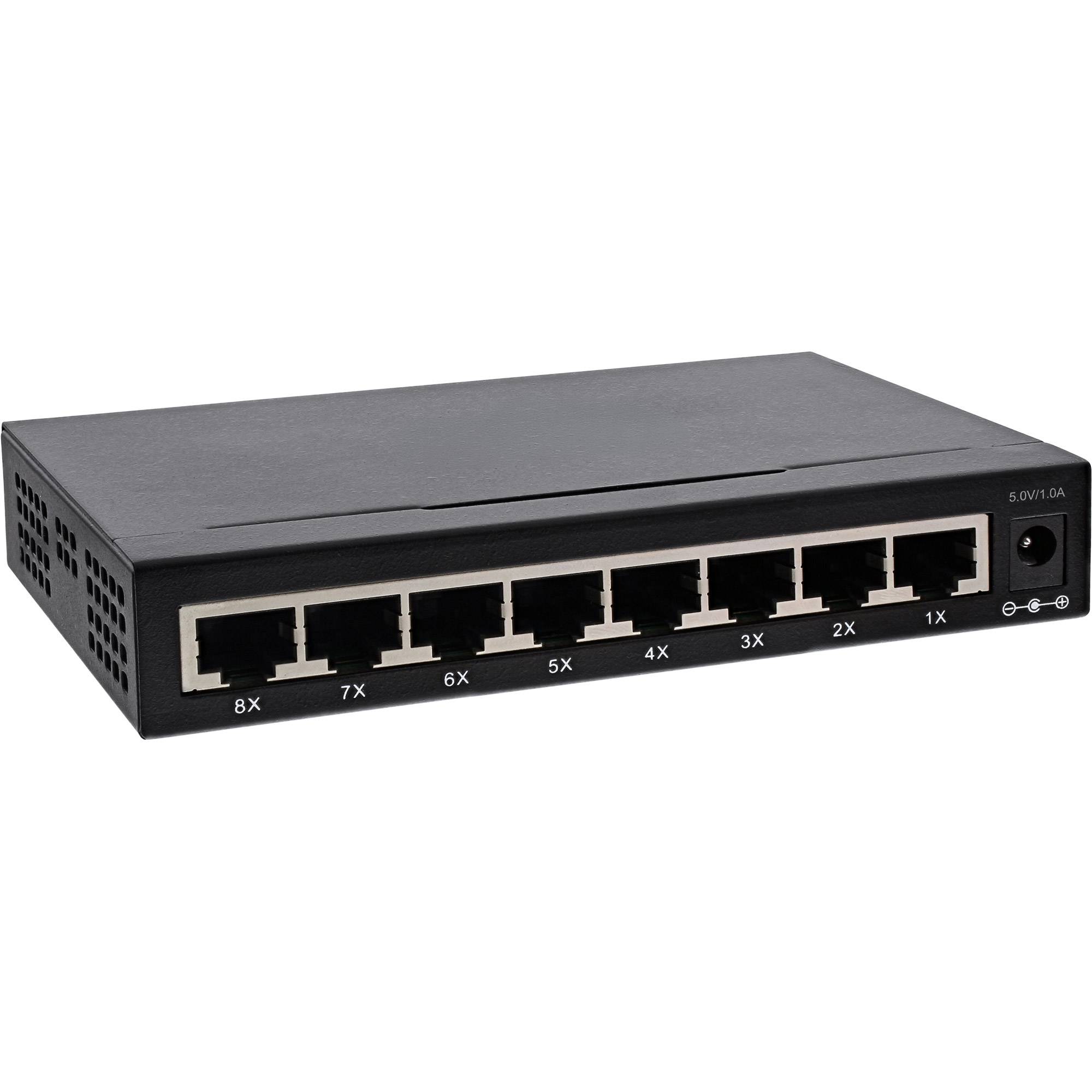 Acht-Port-Ethernet-Switch mit beschrifteten Anschlüssen 8X bis 1X und einer Stromversorgungseingabe auf der Frontblende.
