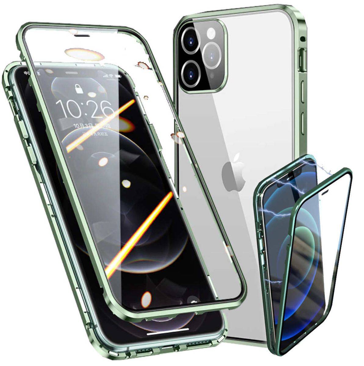 Für Apple iPhone 13 Pro Beidseitiger 360 Grad Magnet / Glas Case Hülle Handy Tasche Bumper Grün