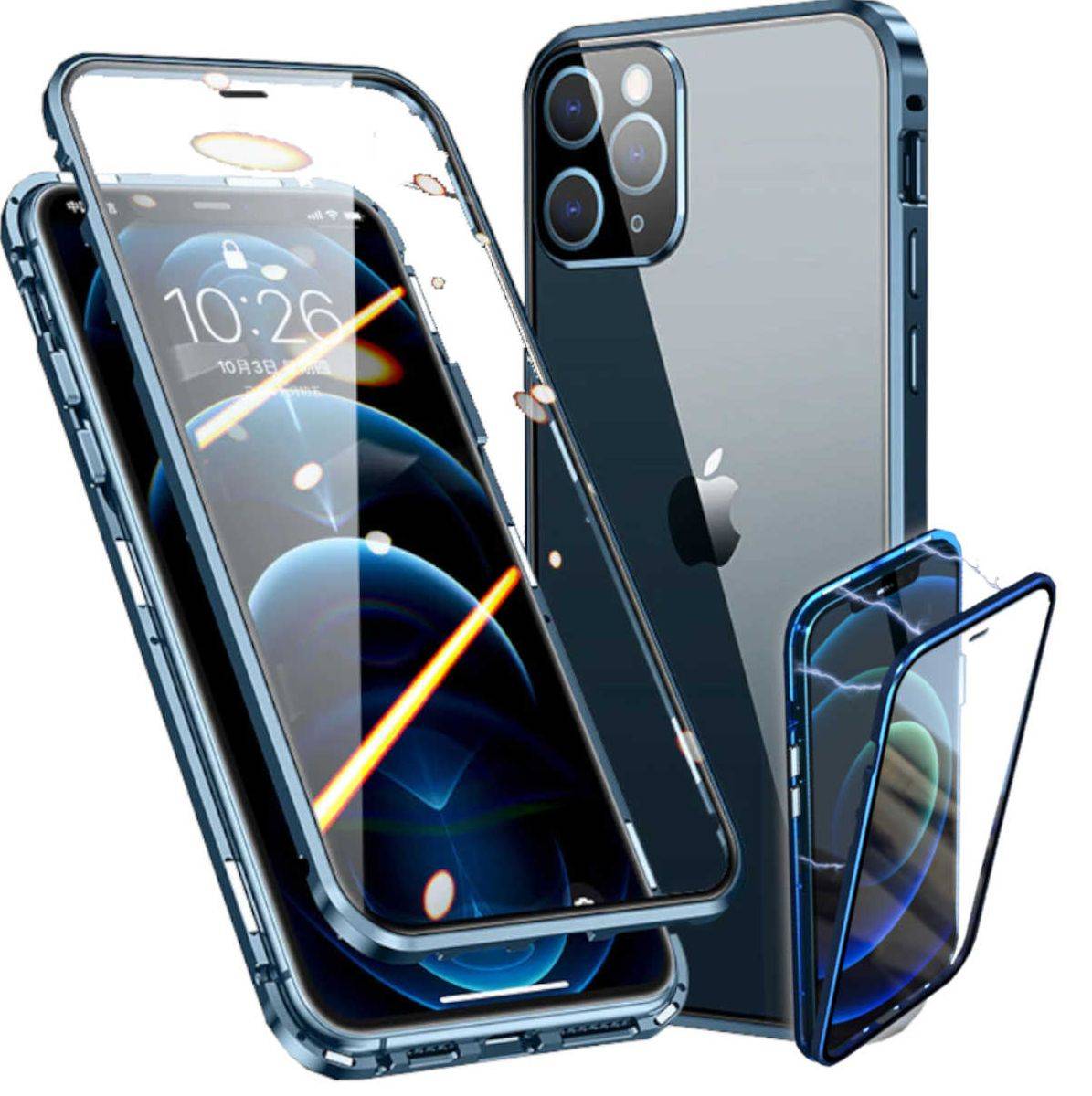 Für Apple iPhone 13 Pro Max Beidseitiger 360 Grad Magnet / Glas Case Hülle Handy Tasche Bumper Blau