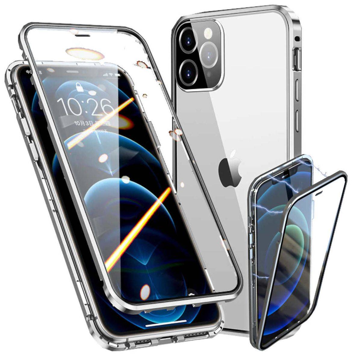Für Apple iPhone 13 Pro Max Beidseitiger 360 Grad Magnet / Glas Case Hülle Handy Tasche Bumper Silber