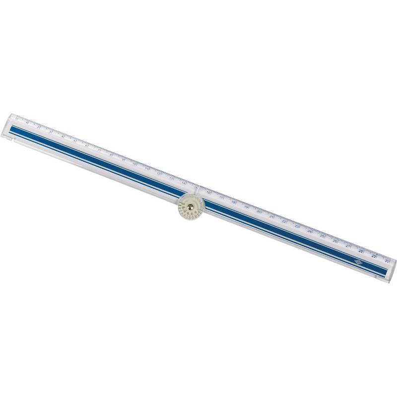 Ein transparenter Lineal mit einem zentralen rotierenden Rad, das für das Zeichnen präziser Linien und Kreise verwendet wird. Ideal für Design- und Zeichenaufgaben.