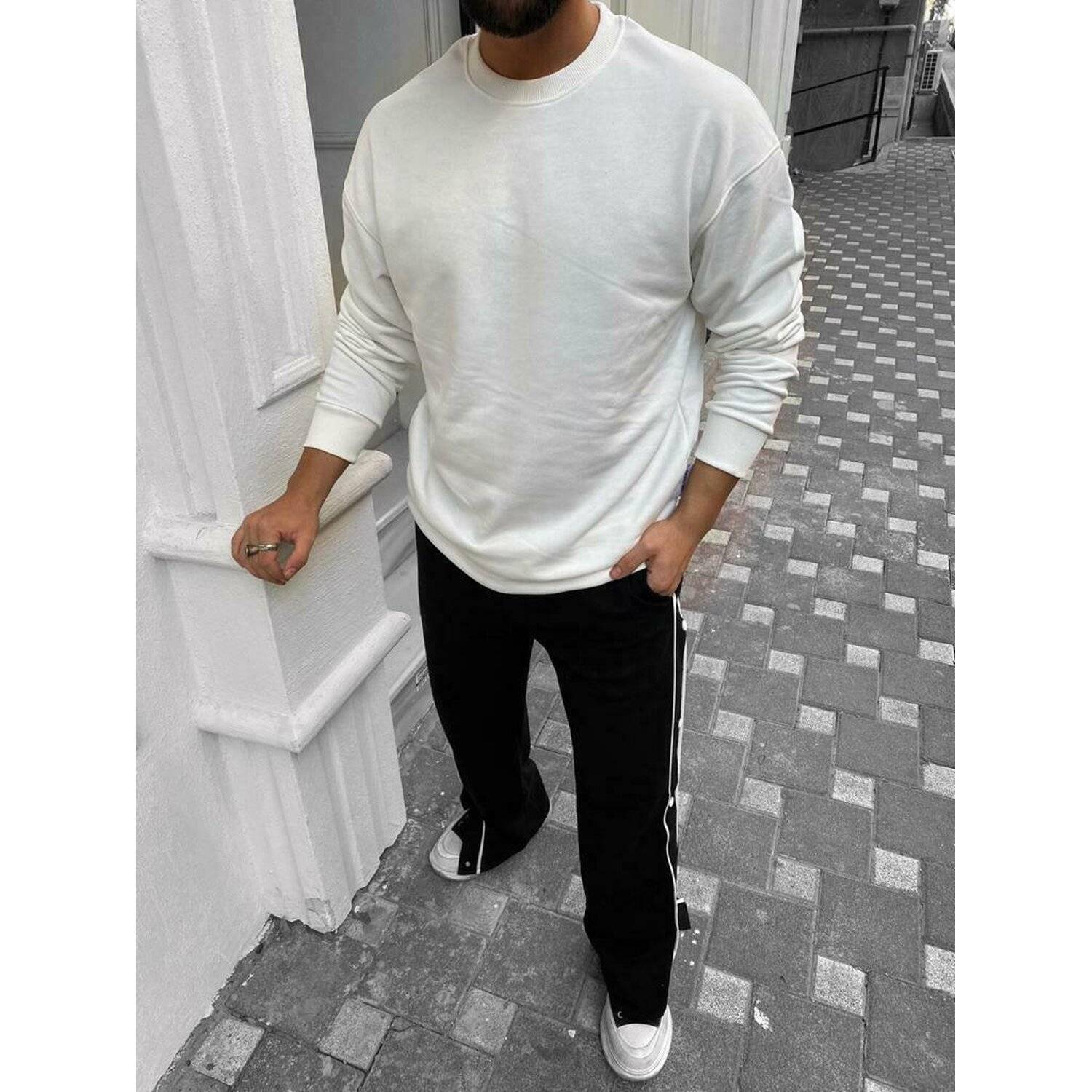 Megaman Jeans Oversize Pullover Herren Sweatshirt Rundhals Langarmshirt Basic Sweatjacke S Weiß