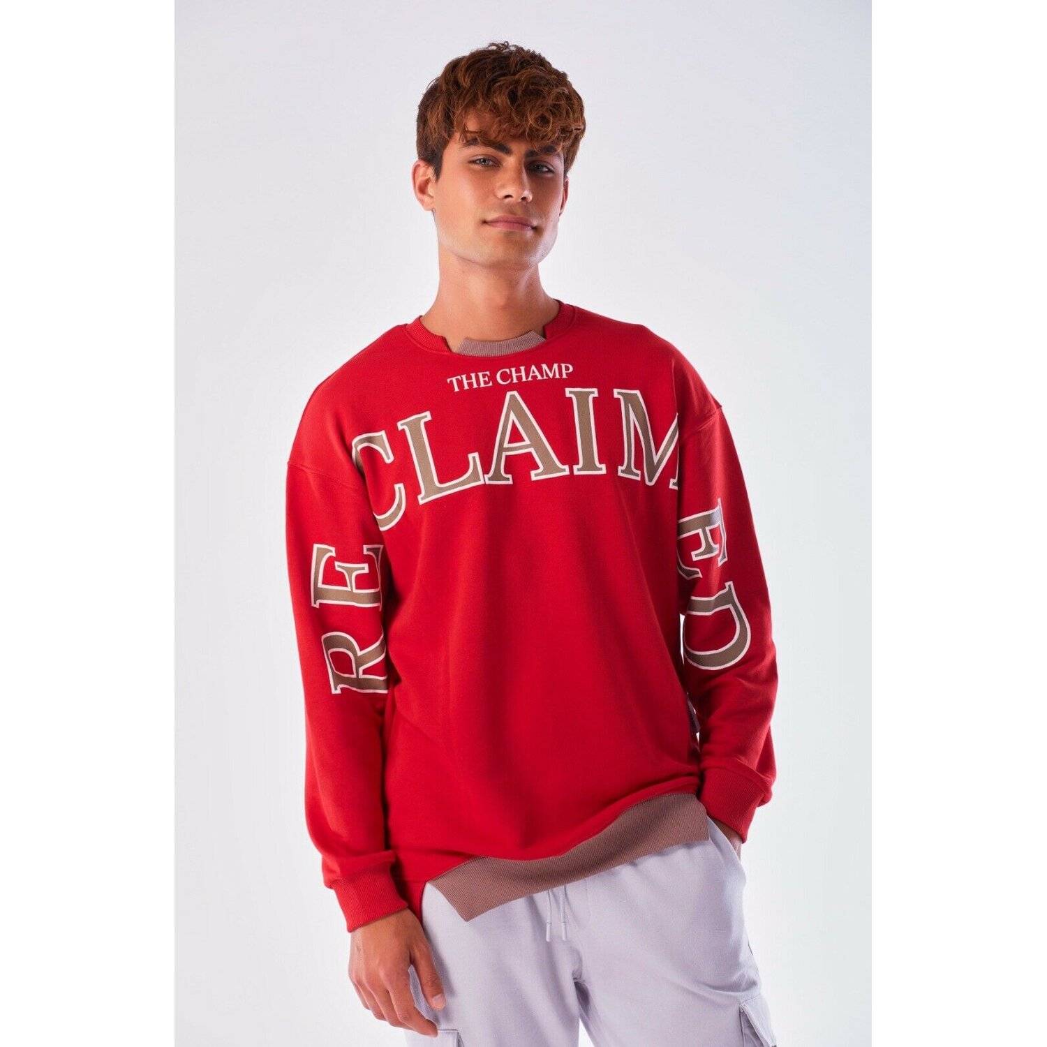 Megaman Jeans Designer Pullover Herren Sweatshirt Rundhals Langarmshirt Basic Rot XL