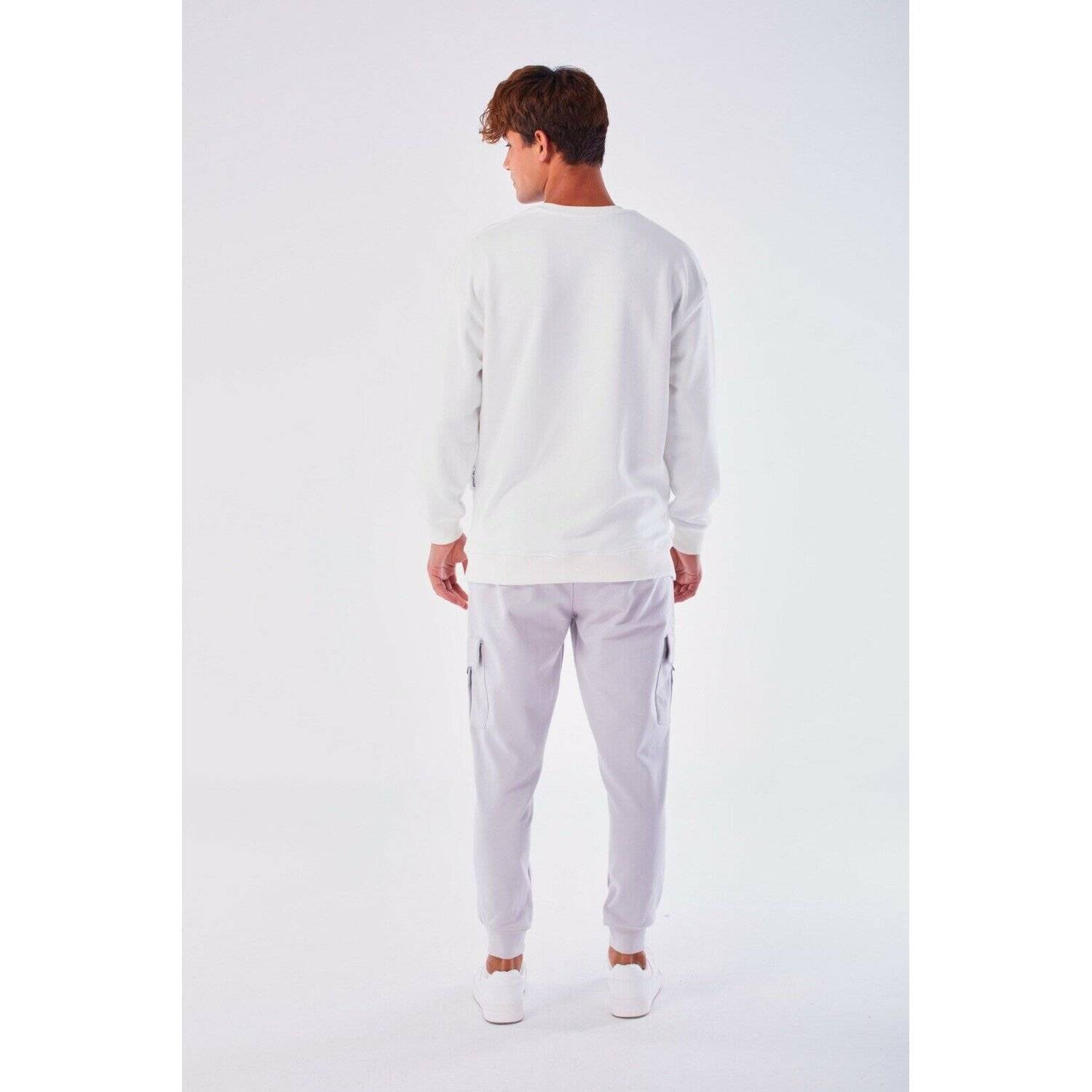 Megaman Jeans Designer Pullover Herren Sweatshirt Rundhals Langarmshirt Basic Weiß S