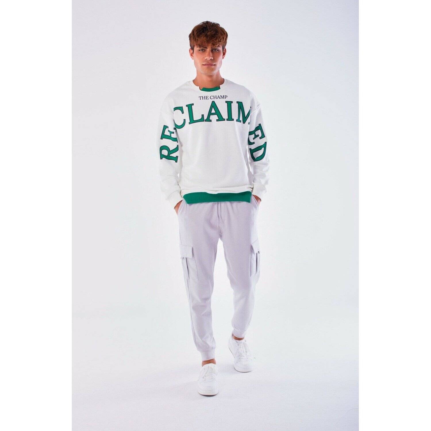 Megaman Jeans Designer Pullover Herren Sweatshirt Rundhals Langarmshirt Basic Weiß XL